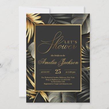 Gold and black tropical leaves bridal shower Invitations
