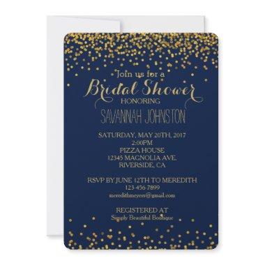 Gold and Blue Glam Confetti Dots bridal shower Invitations