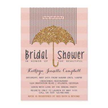 Gold and Blush Umbrella & Hearts Bridal Shower Invitations