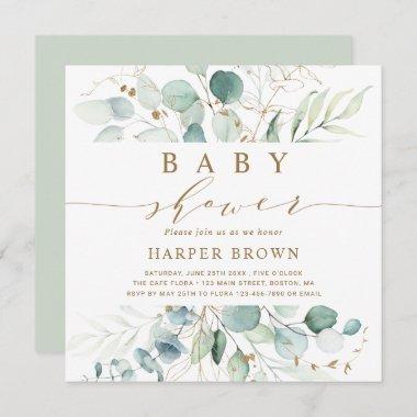 Gold and Green Botanical Baby Shower Square Invitations
