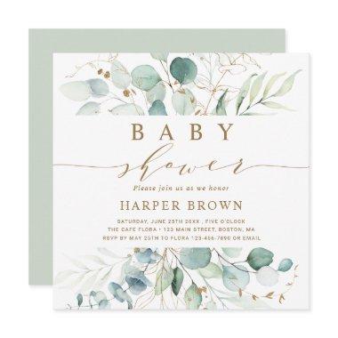 Gold and Green Botanical Baby Shower Square Invitations