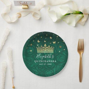 Gold and Green Quinceanera Birthday Party Template Paper Plates