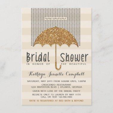 Gold and Ivory Umbrella & Hearts Bridal Shower Invitations