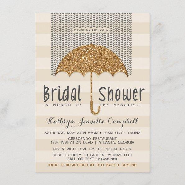 Gold and Ivory Umbrella & Hearts Bridal Shower Invitations