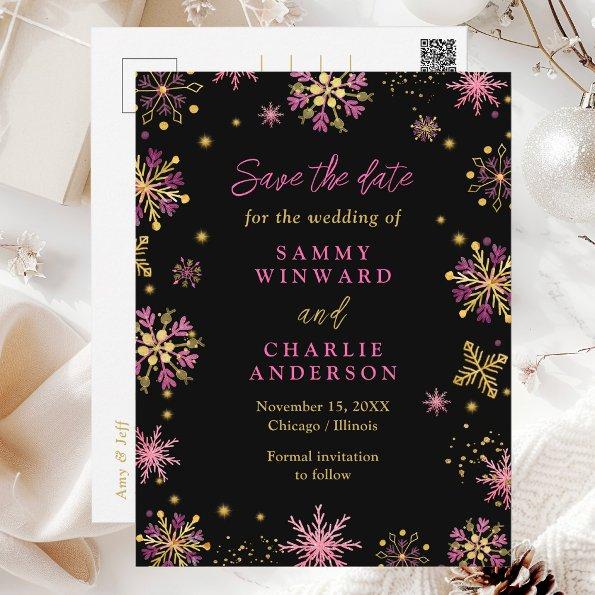 Gold and Pink Snowflakes Wedding Save The Date Post