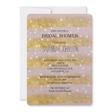 Gold and Pink Stripes Bokeh Confetti bridal shower Invitations