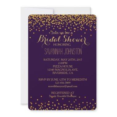 Gold and Purple Glam Confetti Dots bridal shower Invitations