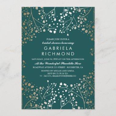 Gold and Teal Baby's Breath Bridal Shower Invitations