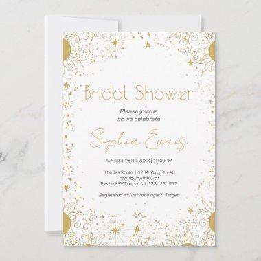 Gold and White Sun & Stars Celestial Bridal Shower Invitations