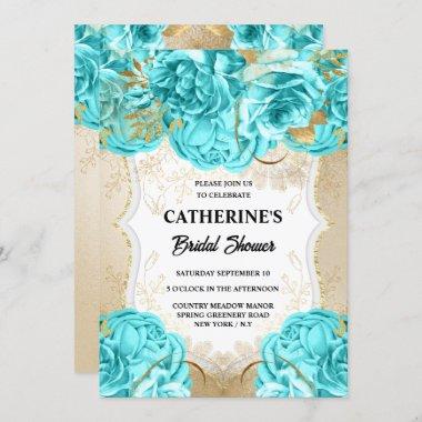 Gold aqua blue rose watercolor bridal shower chic Invitations