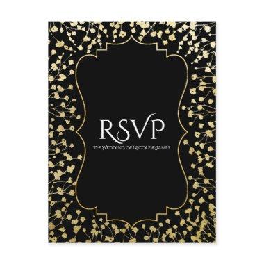 Gold Baby's Breath Floral Chic Black Wedding RSVP Invitation PostInvitations