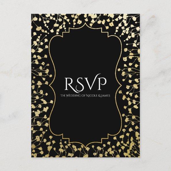 Gold Baby's Breath Floral Chic Black Wedding RSVP Invitation PostInvitations