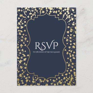 Gold Baby's Breath Floral Rustic Blue Wedding RSVP Invitation PostInvitations