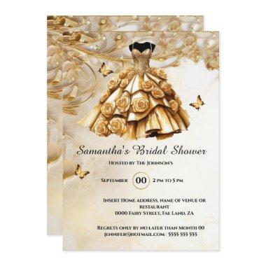 Gold ballgown rose flowers bride to be bridal