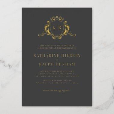 Gold Baroque Crest Dark Gray Monogram Wedding Foil Invitations