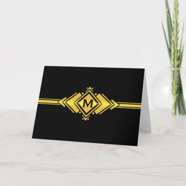 Gold & Black Art Deco Belt Monogram Note Invitations