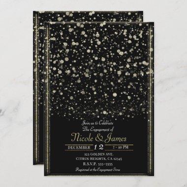 Gold & Black Confetti Splatter Engagement Party Invitations