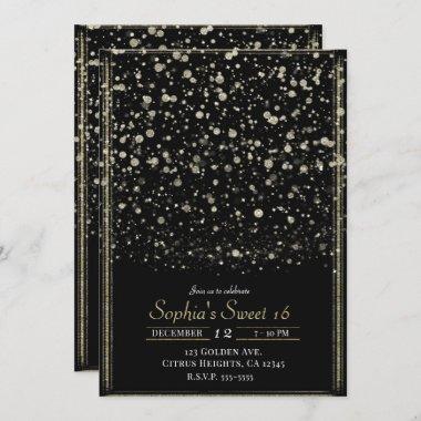 Gold & Black Confetti Splatter Sweet 16 Party Invitations