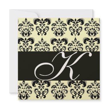 GOLD & BLACK DAMASK MONOGRAM , white Invitations