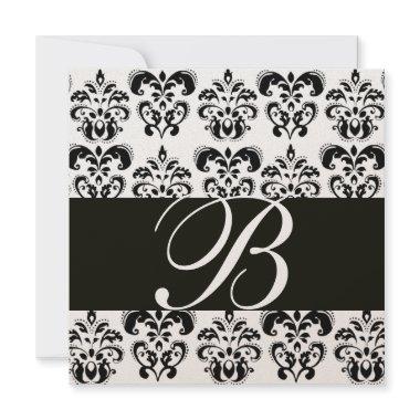 GOLD & BLACK DAMASK MONOGRAM , white Invitations