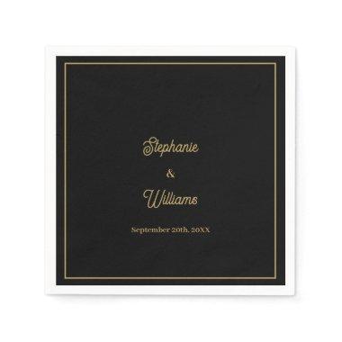 Gold Black Elegant Name Simple Minimal Wedding Napkins