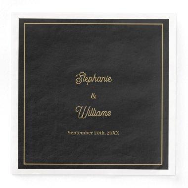 Gold Black Elegant Name Simple Minimal Wedding Paper Dinner Napkins
