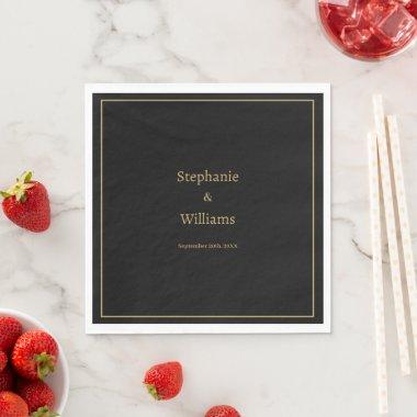 Gold Black Elegant Simple Name Minimal Wedding Napkins