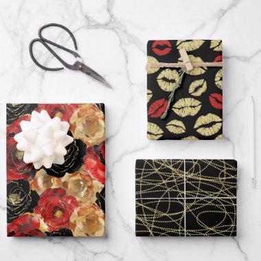 Gold Black Floral Lips Party  Wrapping Paper Sheets