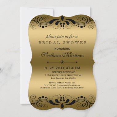 Gold Black Floral Swirls Bridal Shower Invite