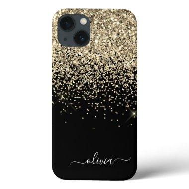 Gold Black Girly Glitter Sparkle Monogram Name Cas iPhone 13 Case
