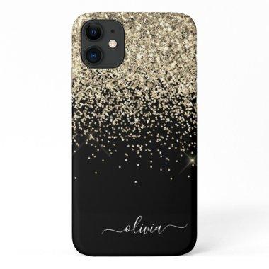 Gold Black Girly Glitter Sparkle Monogram Name iPhone 11 Case