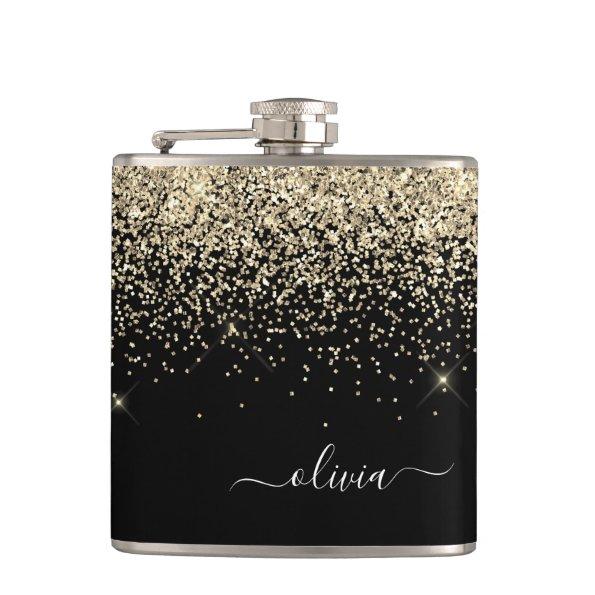 Gold Black Girly Glitter Sparkle Monogram Name Flask