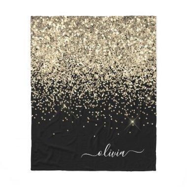 Gold Black Girly Glitter Sparkle Monogram Name Fleece Blanket