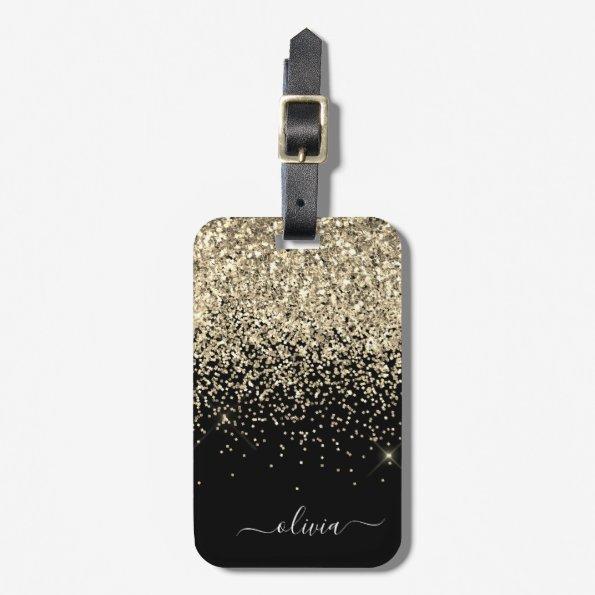 Gold Black Girly Glitter Sparkle Monogram Name Luggage Tag
