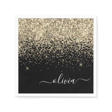 Gold Black Girly Glitter Sparkle Monogram Name Napkins