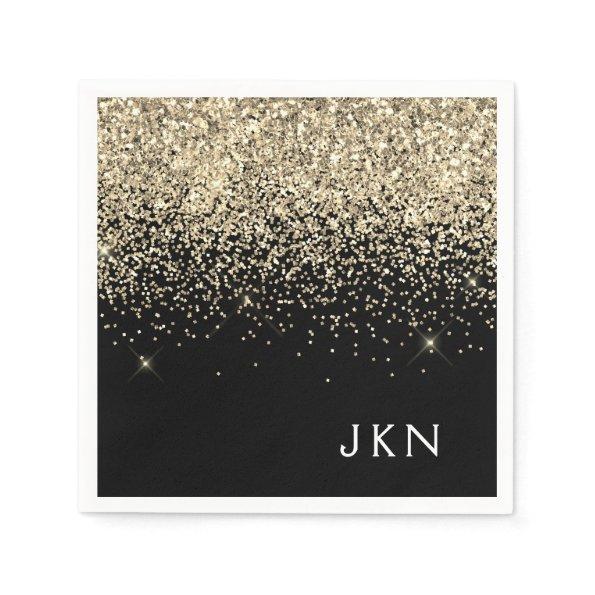 Gold Black Girly Glitter Sparkle Monogram Name Napkins