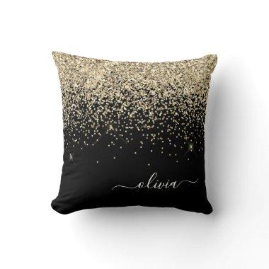 Gold Black Girly Glitter Sparkle Monogram Name Throw Pillow