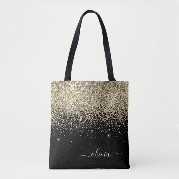 Gold Black Girly Glitter Sparkle Monogram Name Tote Bag