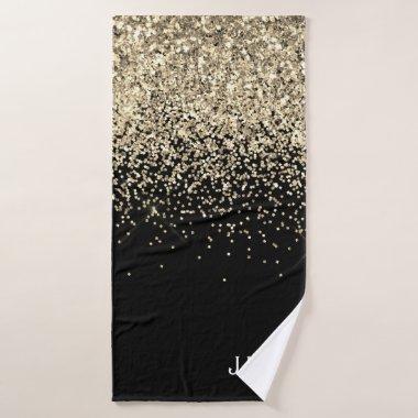 Gold Black Glitter Girly Monogram Initials Bath Towel