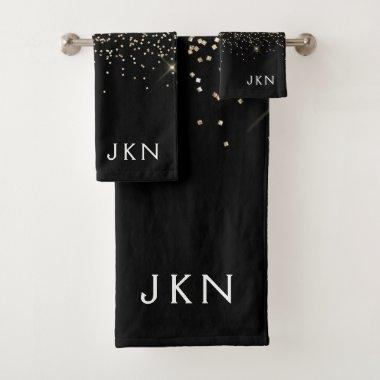 Gold Black Glitter Girly Monogram Initials Bath Towel Set
