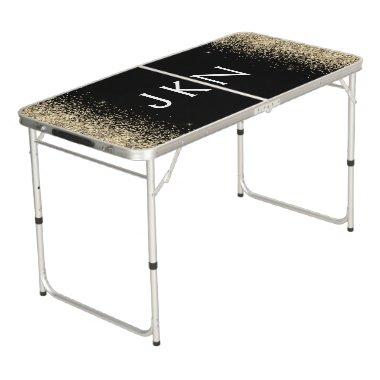 Gold Black Glitter Girly Monogram Initials Beer Pong Table