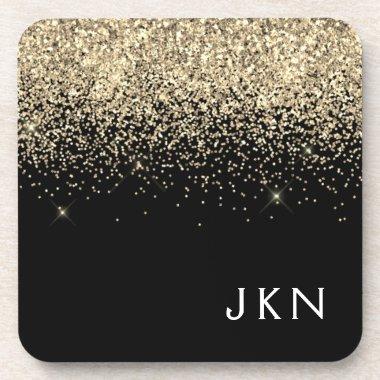 Gold Black Glitter Girly Monogram Initials Beverage Coaster
