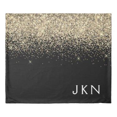 Gold Black Glitter Girly Monogram Initials Duvet Cover