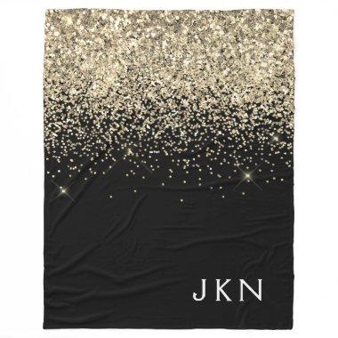 Gold Black Glitter Girly Monogram Initials Fleece Blanket