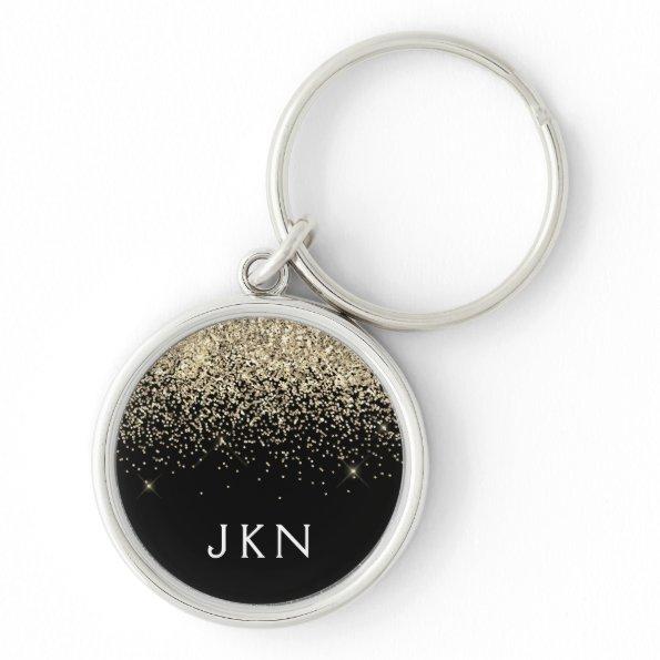 Gold Black Glitter Girly Monogram Initials Keychain