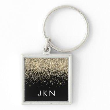 Gold Black Glitter Girly Monogram Initials Keychain
