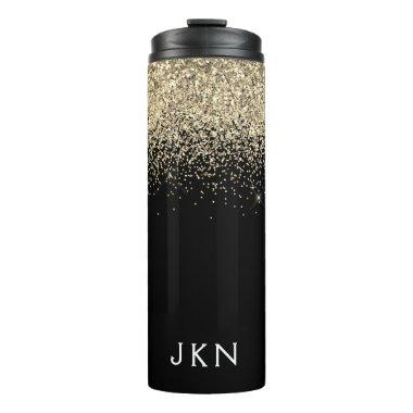 Gold Black Glitter Girly Monogram Initials Thermal Tumbler