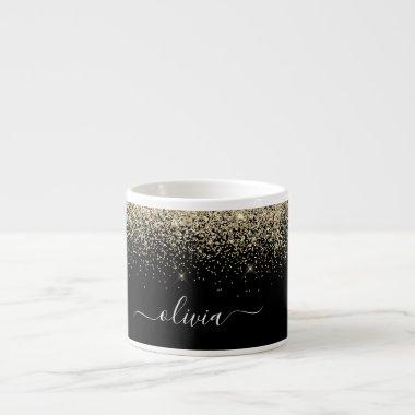 Gold Black Glitter Girly Monogram Name Espresso Cup