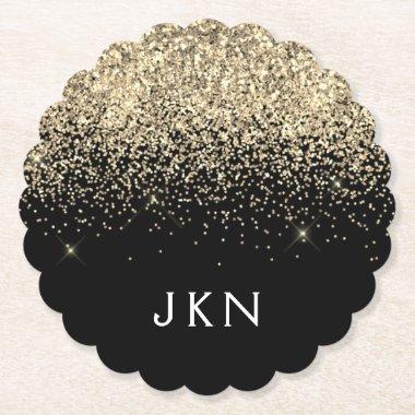 Gold Black Glitter Girly Name Initials Monogram Paper Coaster