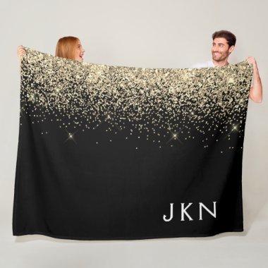 Gold Black Glitter Monogram Girly Initials Fleece Blanket